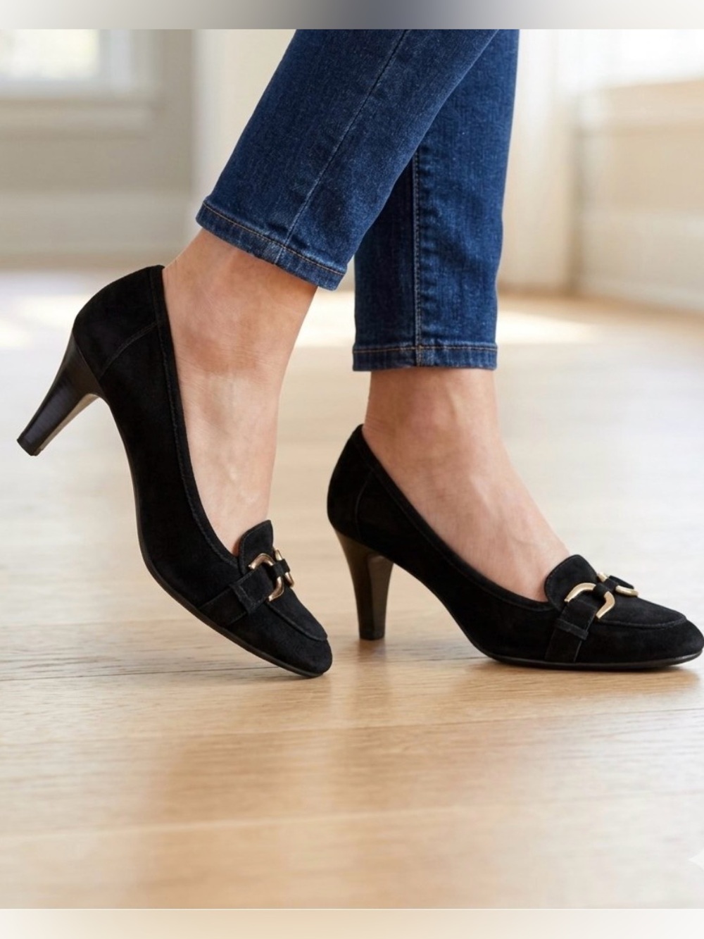 Enzo Angiolini Black Suede Mid Heel Pumps with Gold Buckle Size 9